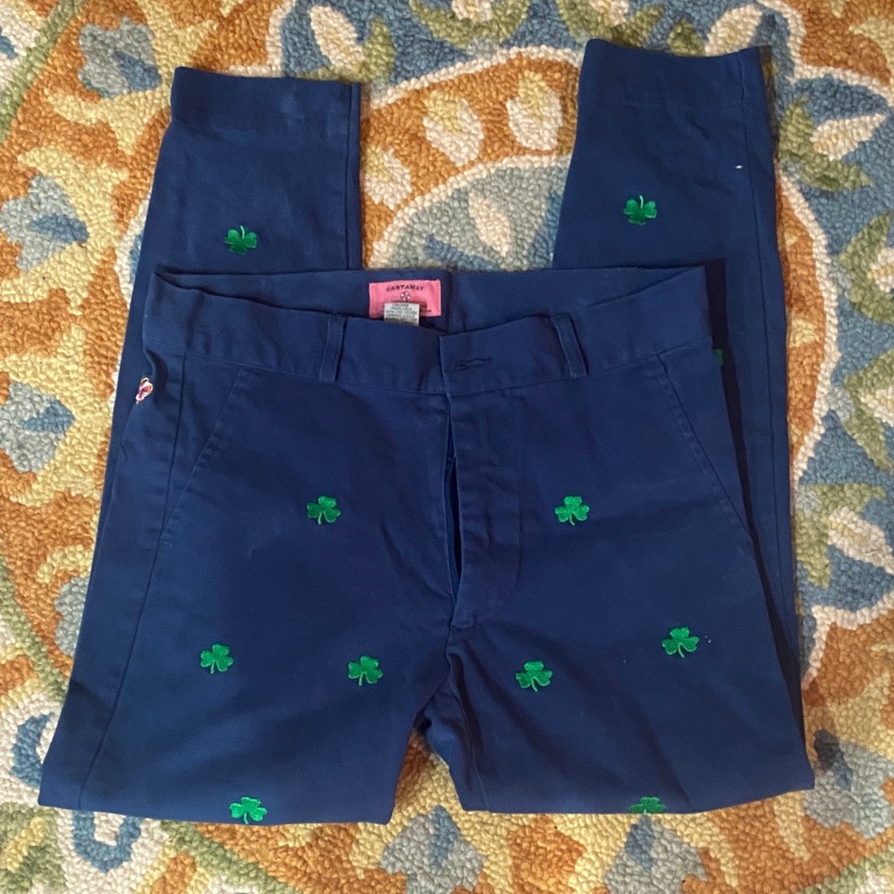 Castaway Navy Blue Cropped Pants with Green Shamrock Embroidery